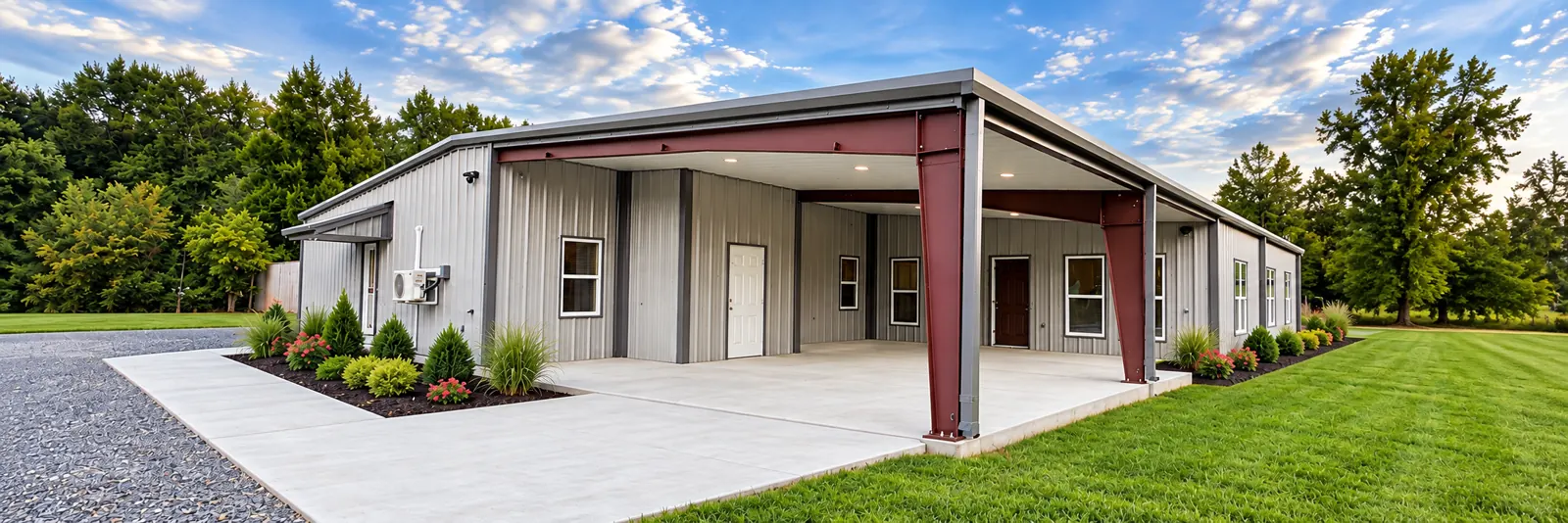PDI bunkhouse exterior with covered porch and landscaping